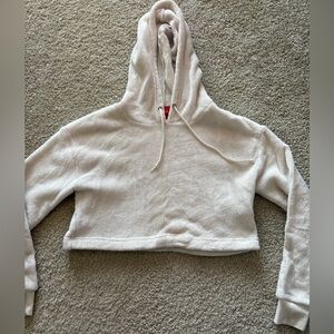 Guess Cream Cropped Boxy Hoodie Sweatshirt